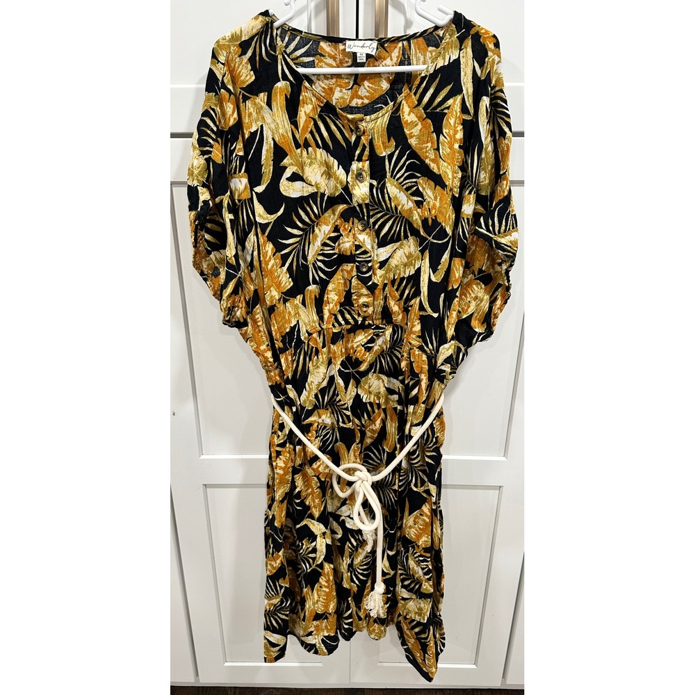 Wonderly Dress - Tropical‎ Print, Button Front, Casual, with Belt - 4X